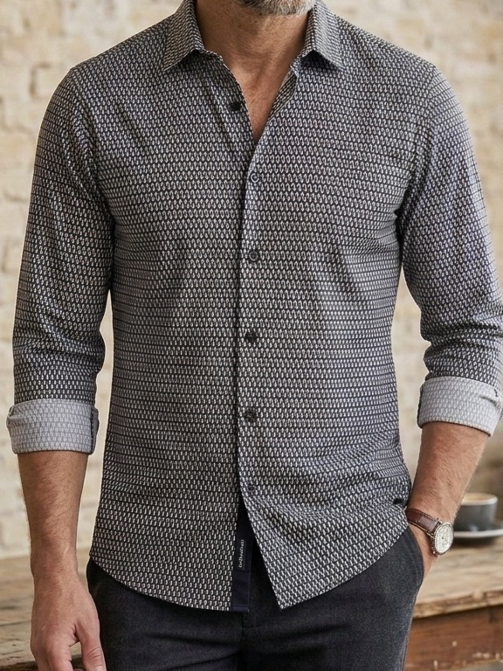 Perry Ellis Men’s Slim Fit Stretch Long Sleeve Shirt - Geometric Pattern XL